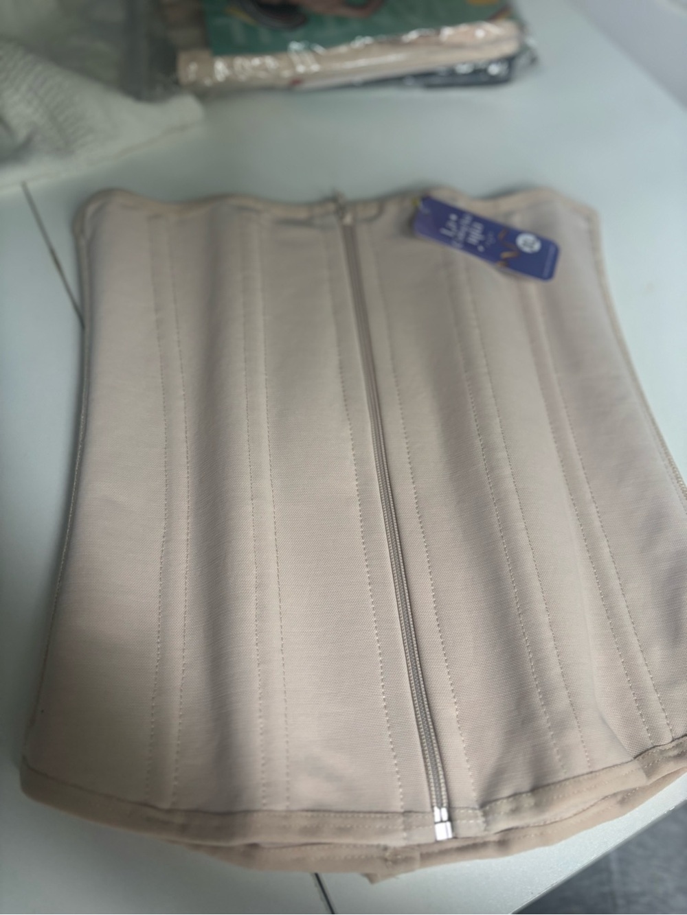 Beige Waist Trainer Corset with Front Zipper